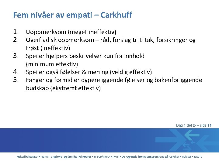 Fem nivåer av empati – Carkhuff 1. Uoppmerksom (meget ineffektiv) 2. Overfladisk oppmerksom –