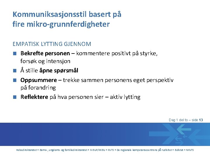 Kommuniksasjonsstil basert på fire mikro-grunnferdigheter EMPATISK LYTTING GJENNOM ■ Bekrefte personen – kommentere positivt