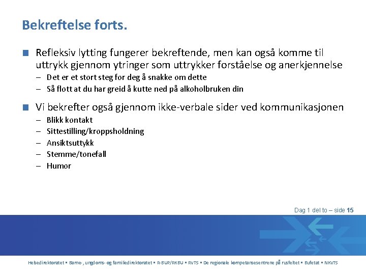 Bekreftelse forts. ■ Refleksiv lytting fungerer bekreftende, men kan også komme til uttrykk gjennom