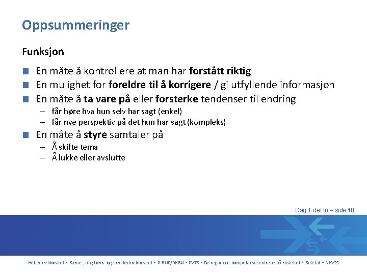 Oppsummeringer Funksjon ■ En måte å kontrollere at man har forstått riktig ■ En