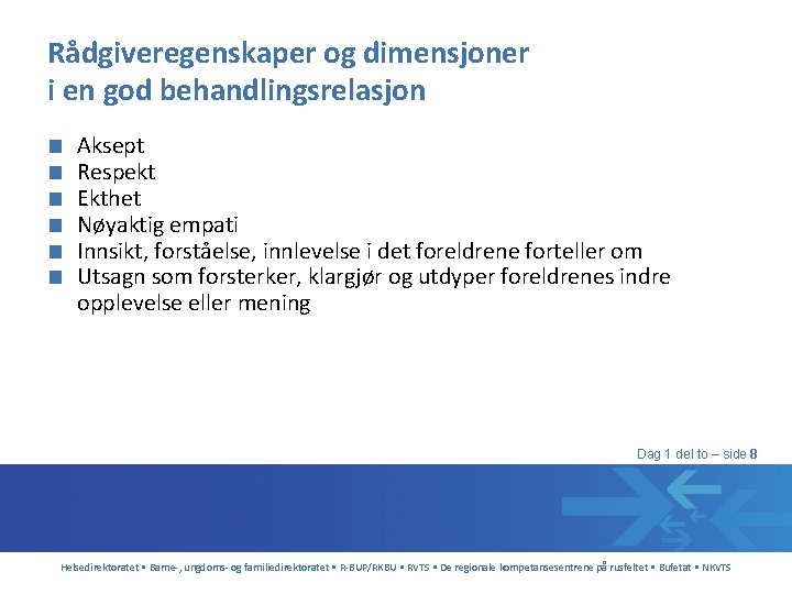 Rådgiveregenskaper og dimensjoner i en god behandlingsrelasjon ■ ■ ■ Aksept Respekt Ekthet Nøyaktig