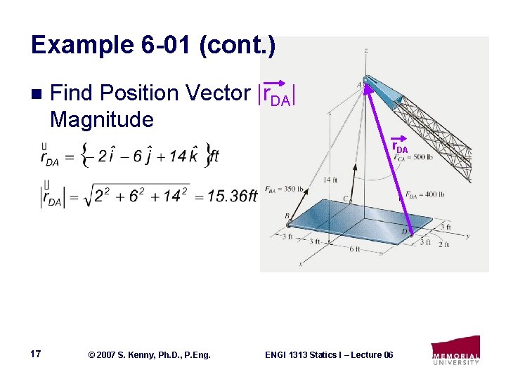 Example 6 -01 (cont. ) n Find Position Vector |r. DA| Magnitude r. DA