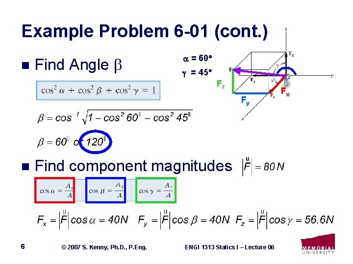 Example Problem 6 -01 (cont. ) n Find Angle = 60 = 45 Fz