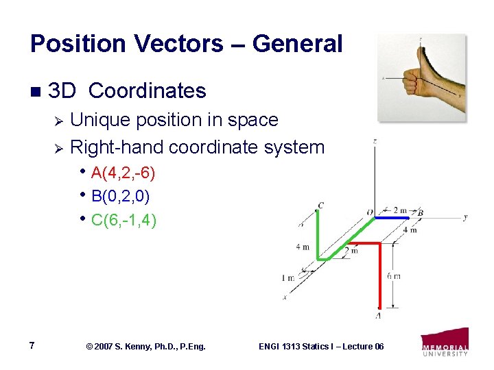 Position Vectors – General n 3 D Coordinates Unique position in space Ø Right-hand