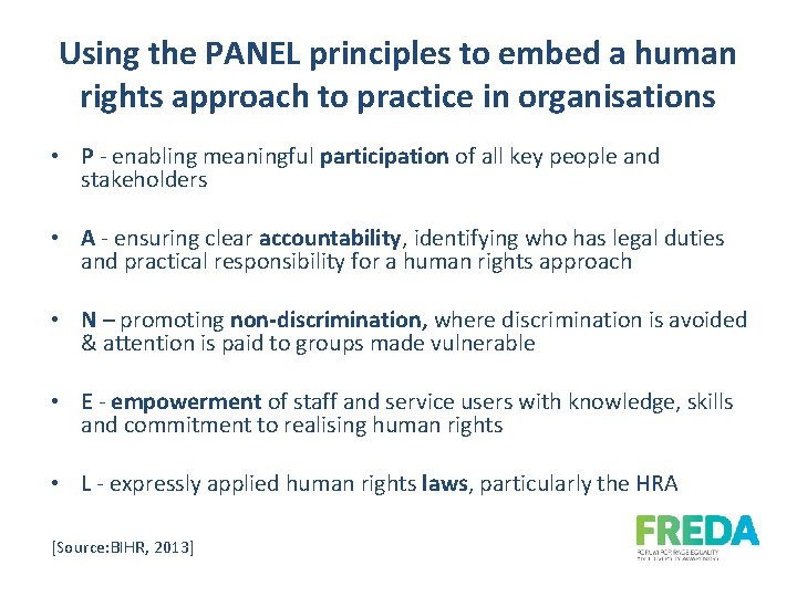 Using the PANEL principles to embed a human rights approach to practice in organisations