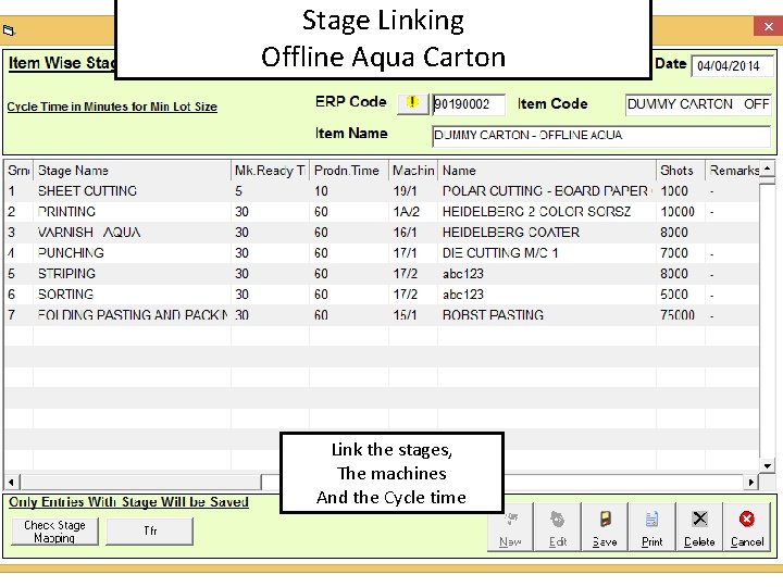 Stage Linking Offline Aqua Carton Link the stages, The machines And the Cycle time