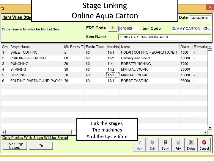 Stage Linking Online Aqua Carton Link the stages, The machines And the Cycle time