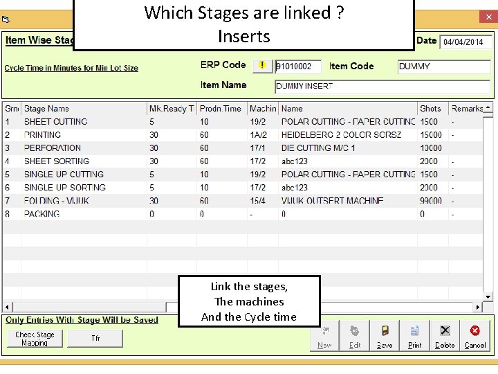 Which Stages are linked ? Inserts Link the stages, The machines And the Cycle