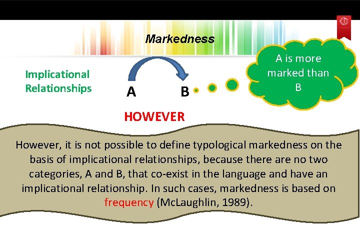 Markedness Implicational Relationships A B A is more marked than B HOWEVER However, it