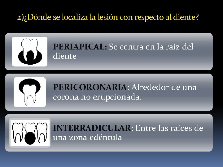 2)¿Dónde se localiza la lesión con respecto al diente? PERIAPICAL: Se centra en la 2)¿Dónde se localiza la lesión con respecto al diente? PERIAPICAL: Se centra en la