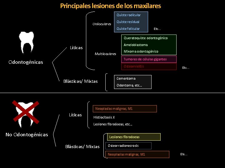 Principales lesiones de los maxilares Quiste radicular Uniloculares Quiste residual Quiste folicular Etc… Queratoquiste Principales lesiones de los maxilares Quiste radicular Uniloculares Quiste residual Quiste folicular Etc… Queratoquiste