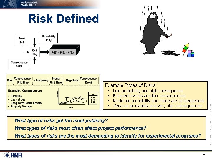 Risk Defined • • Low probability and high consequence Frequent events and low consequences