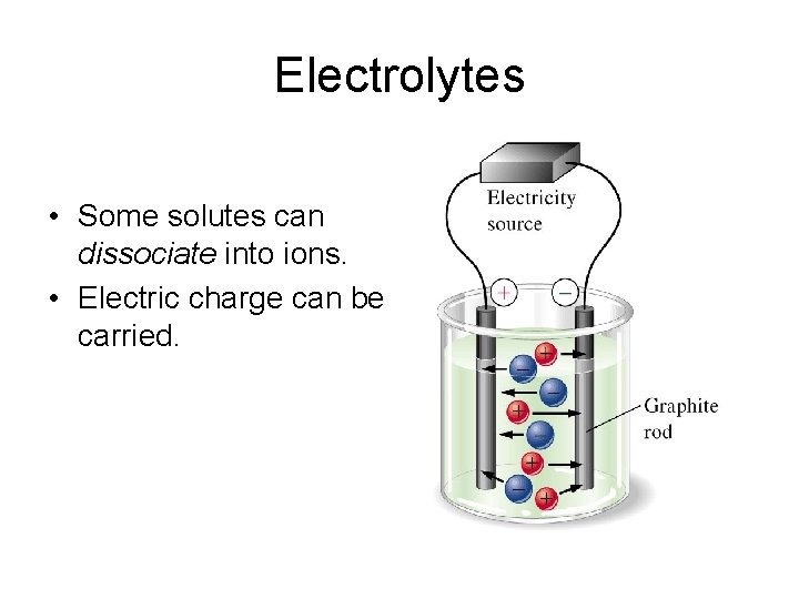 Electrolytes • Some solutes can dissociate into ions. • Electric charge can be carried.