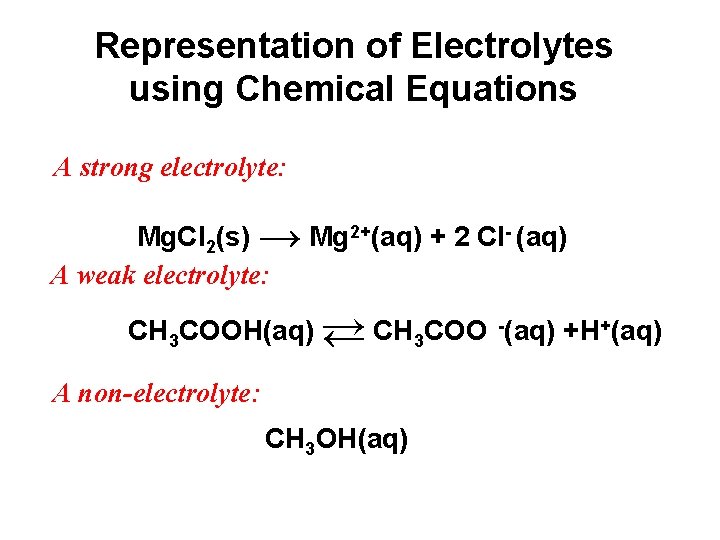 Representation of Electrolytes using Chemical Equations A strong electrolyte: Mg. Cl 2(s) → Mg