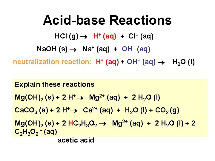 Acid-base Reactions HCl (g) H+ (aq) + Cl– (aq) Na. OH (s) Na+ (aq)