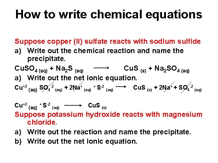 How to write chemical equations Suppose copper (II) sulfate reacts with sodium sulfide. a)