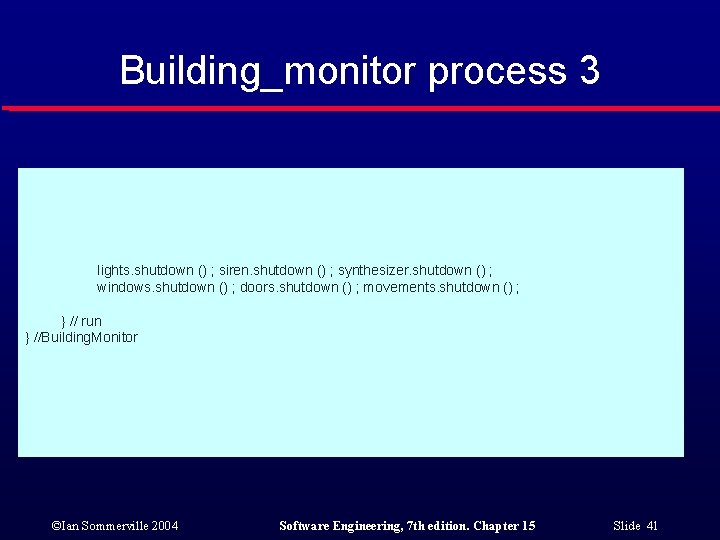 Building_monitor process 3 lights. shutdown () ; siren. shutdown () ; synthesizer. shutdown ()