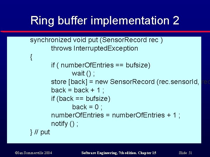 Ring buffer implementation 2 synchronized void put (Sensor. Record rec ) throws Interrupted. Exception