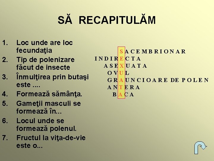 SĂ RECAPITULĂM 1. 2. 3. 4. 5. 6. 7. Loc unde are loc fecundaţia