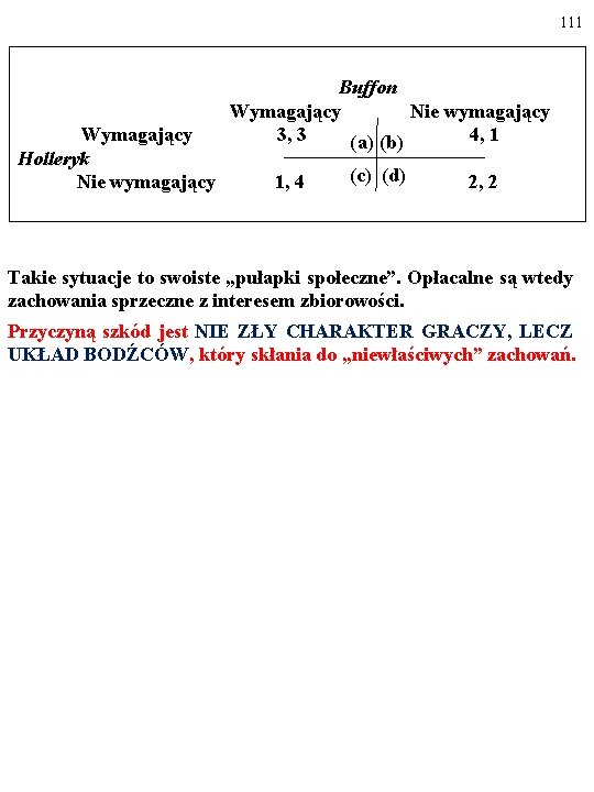111 Buffon Wymagający Nie wymagający Wymagający 3, 3 4, 1 (a) (b) Holleryk (c)