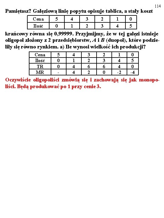 Pamiętasz? Gałęziową linię popytu opisuje tablica, a stały koszt Cena Ilość 5 0 4