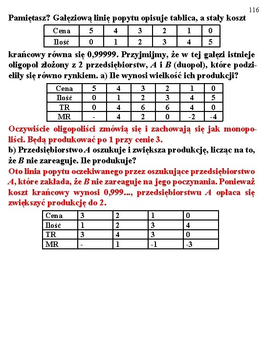 Pamiętasz? Gałęziową linię popytu opisuje tablica, a stały koszt Cena Ilość 5 0 4