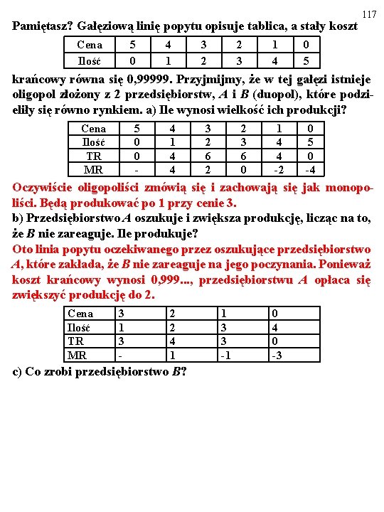 Pamiętasz? Gałęziową linię popytu opisuje tablica, a stały koszt Cena Ilość 5 0 4