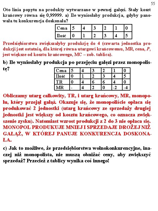 55 Oto linia popytu na produkty wytwarzane w pewnej gałęzi. Stały koszt krańcowy równa 55 Oto linia popytu na produkty wytwarzane w pewnej gałęzi. Stały koszt krańcowy równa