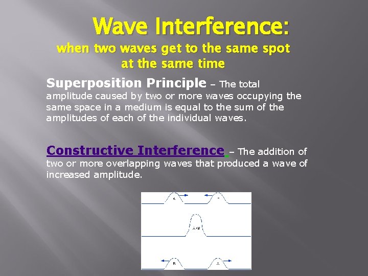 Wave Interference: when two waves get to the same spot at the same time Wave Interference: when two waves get to the same spot at the same time