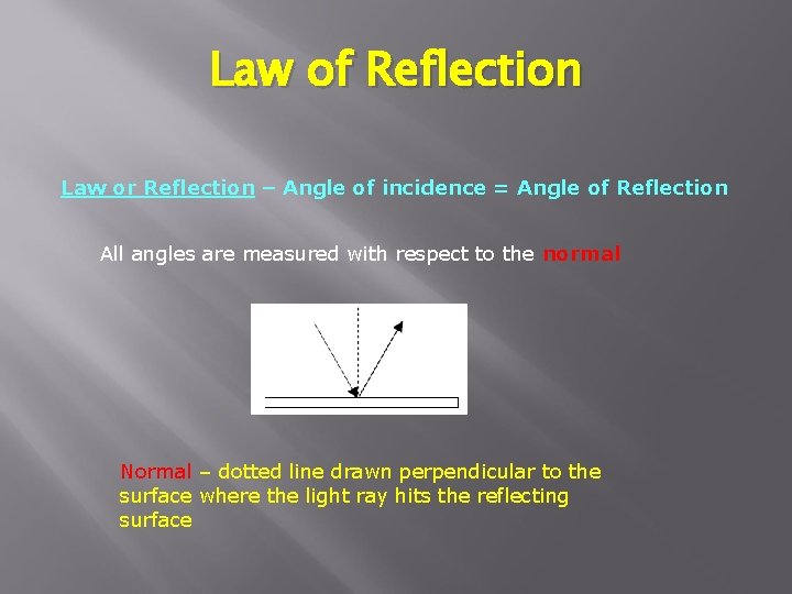 Law of Reflection Law or Reflection – Angle of incidence = Angle of Reflection Law of Reflection Law or Reflection – Angle of incidence = Angle of Reflection