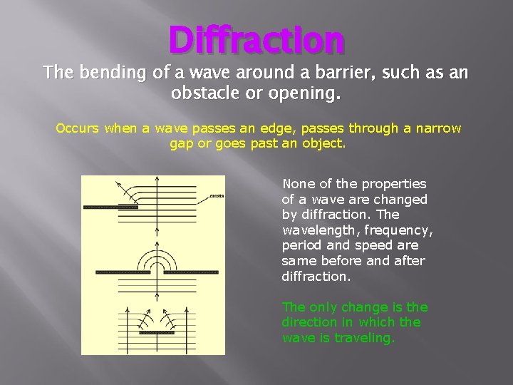 Diffraction The bending of a wave around a barrier, such as an obstacle or Diffraction The bending of a wave around a barrier, such as an obstacle or