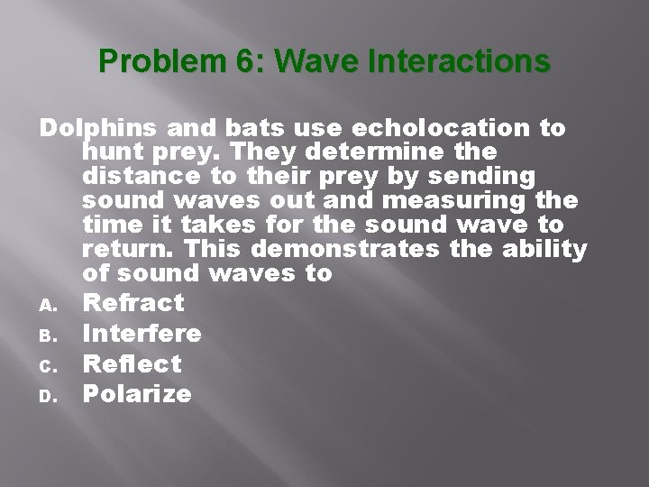 Problem 6: Wave Interactions Dolphins and bats use echolocation to hunt prey. They determine Problem 6: Wave Interactions Dolphins and bats use echolocation to hunt prey. They determine