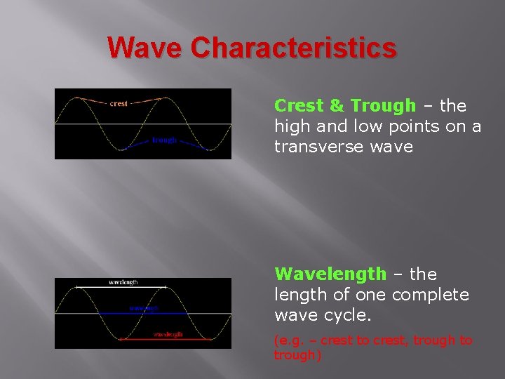 Wave Characteristics Crest & Trough – the high and low points on a transverse Wave Characteristics Crest & Trough – the high and low points on a transverse