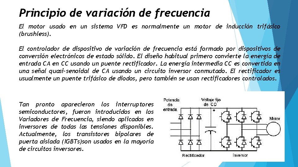 Principio de variación de frecuencia El motor usado en un sistema VFD es normalmente