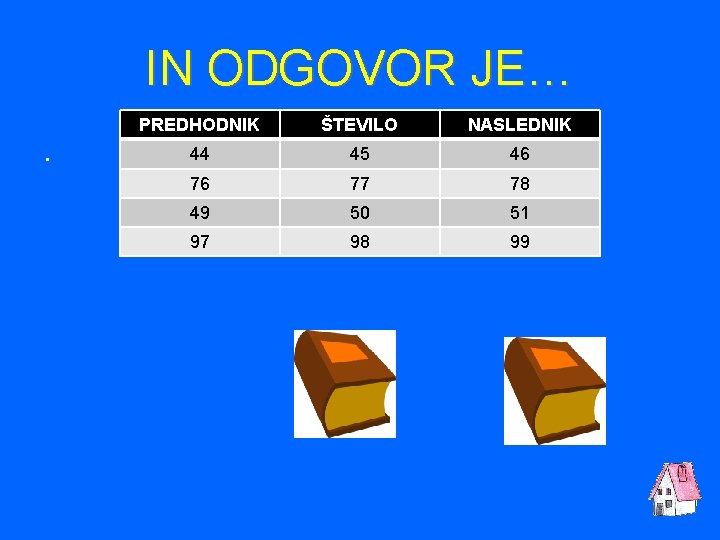 IN ODGOVOR JE…. PREDHODNIK ŠTEVILO NASLEDNIK 44 45 46 76 77 78 49 50