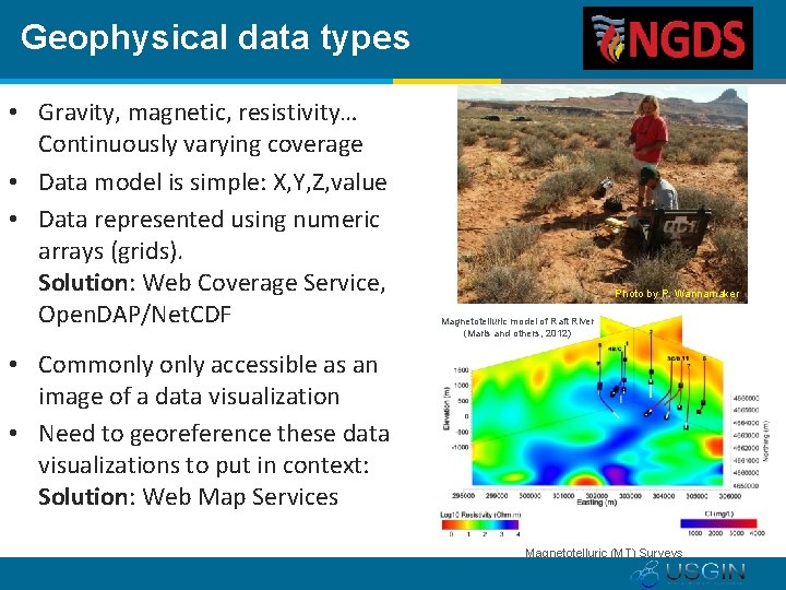 Geophysical data types • Gravity, magnetic, resistivity… Continuously varying coverage • Data model is