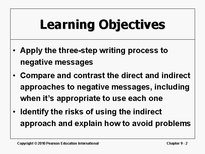 Learning Objectives • Apply the three-step writing process to negative messages • Compare and