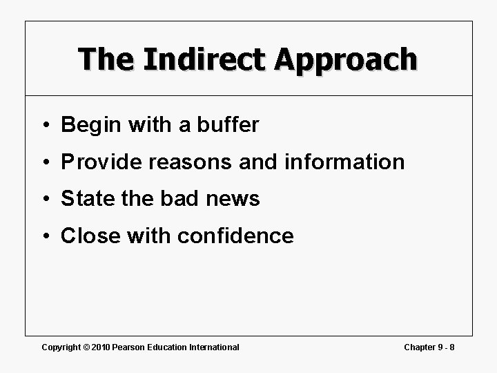 The Indirect Approach • Begin with a buffer • Provide reasons and information •
