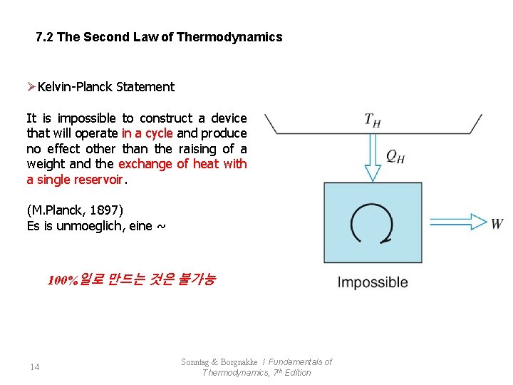 7. 2 The Second Law of Thermodynamics ØKelvin-Planck Statement It is impossible to construct