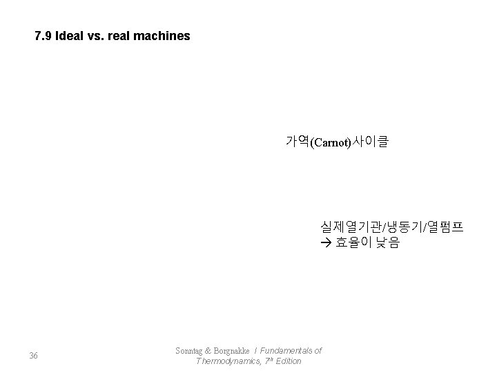 7. 9 Ideal vs. real machines 가역(Carnot)사이클 실제열기관/냉동기/열펌프 효율이 낮음 36 Sonntag & Borgnakke