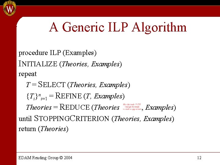 A Generic ILP Algorithm procedure ILP (Examples) INITIALIZE (Theories, Examples) repeat T = SELECT A Generic ILP Algorithm procedure ILP (Examples) INITIALIZE (Theories, Examples) repeat T = SELECT