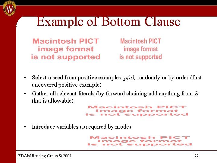 Example of Bottom Clause • Select a seed from positive examples, p(a), randomly or Example of Bottom Clause • Select a seed from positive examples, p(a), randomly or