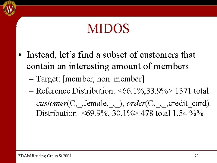 MIDOS • Instead, let’s find a subset of customers that contain an interesting amount MIDOS • Instead, let’s find a subset of customers that contain an interesting amount
