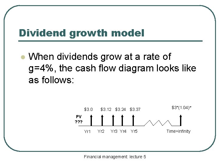 Dividend growth model l When dividends grow at a rate of g=4%, the cash