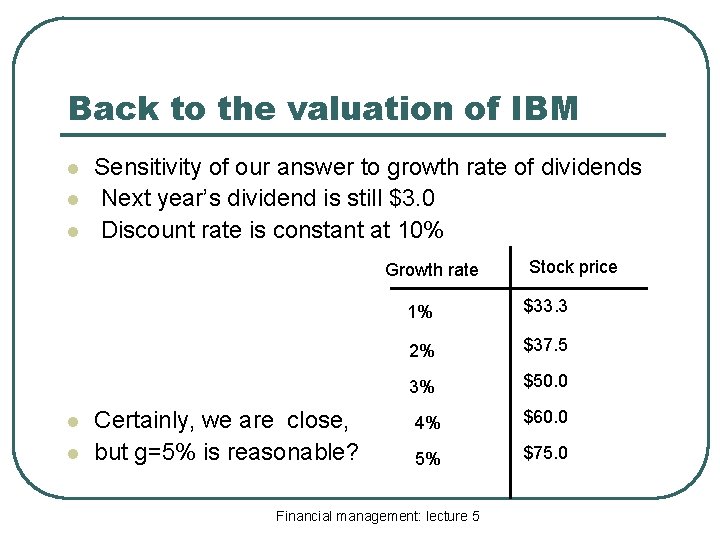 Back to the valuation of IBM l l l Sensitivity of our answer to