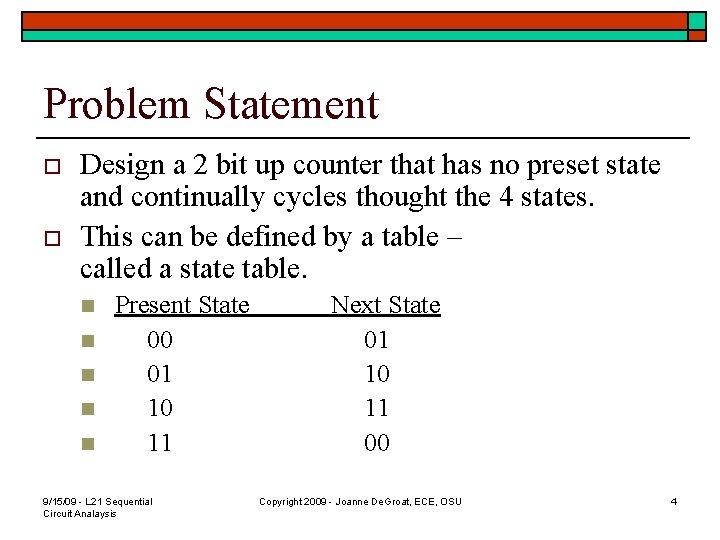 Problem Statement o o Design a 2 bit up counter that has no preset