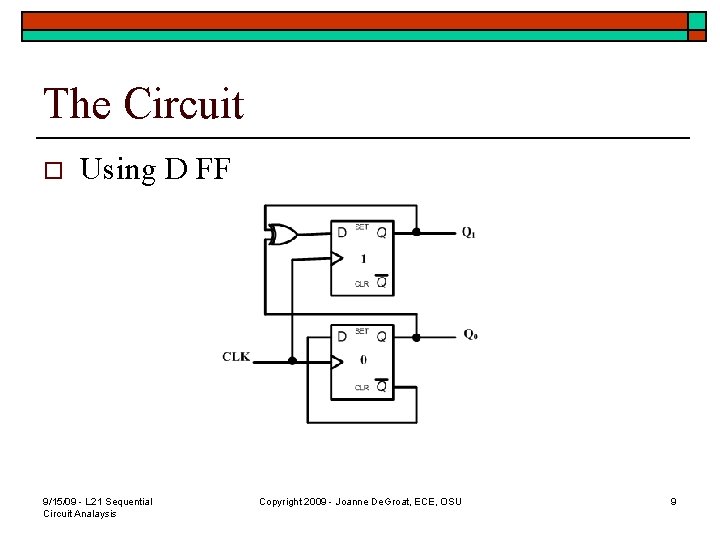 The Circuit o Using D FF 9/15/09 - L 21 Sequential Circuit Analaysis Copyright