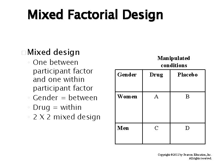 Mixed Factorial Design � Mixed design ◦ One between participant factor and one within