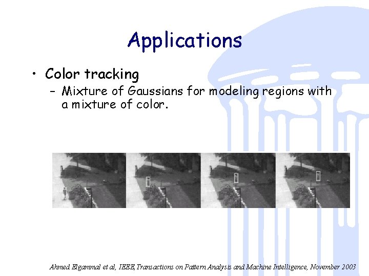 Applications • Color tracking – Mixture of Gaussians for modeling regions with a mixture