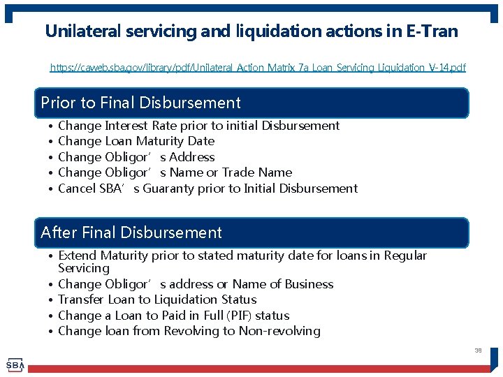 Unilateral servicing and liquidation actions in E-Tran https: //caweb. sba. gov/library/pdf/Unilateral_Action_Matrix_7 a_Loan_Servicing_Liquidation_V-14. pdf Prior
